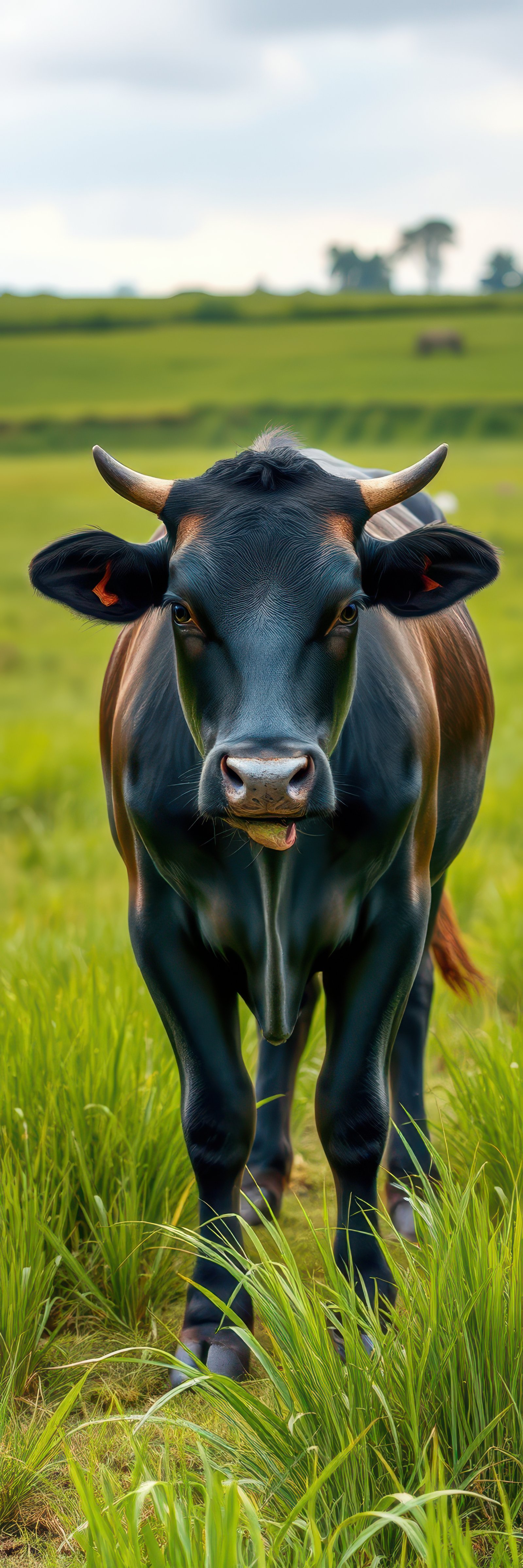 A black and brown cow stands in a field of tall grass, its tongue sticking out slightly